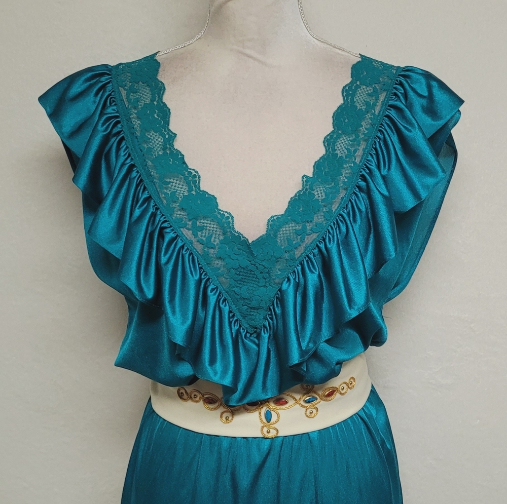 70s Vintage Lady Cameo Dallas Turquoise Lace Plunging Neckline Belted Jumpsuit M - Picture 3 of 14